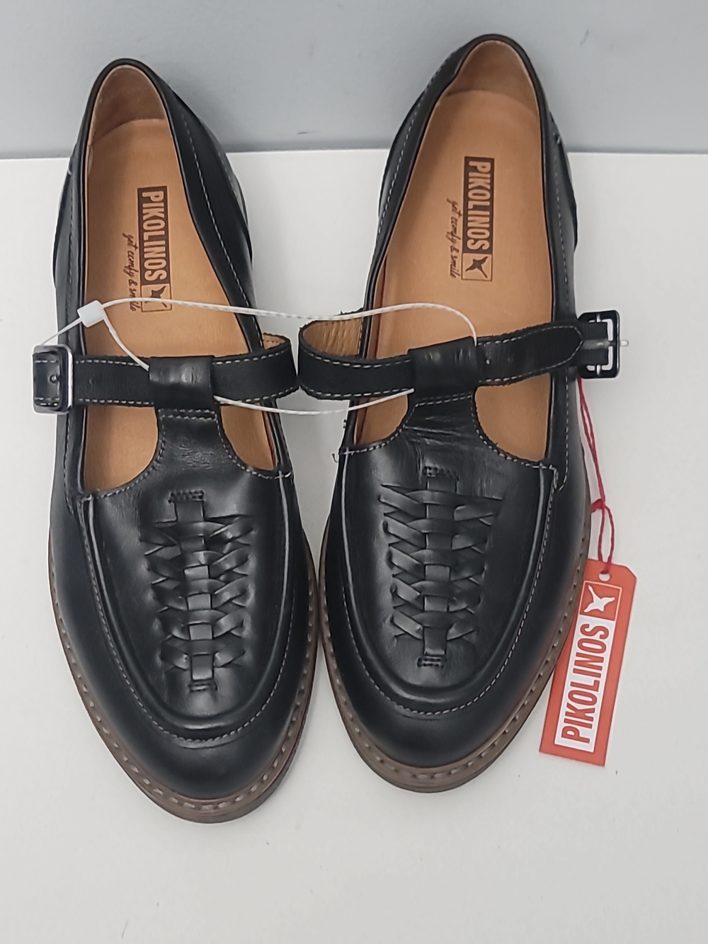 PIKOLINOS Aldaya Woven Leather Buckle Loafer, specifically the women's T-strap m